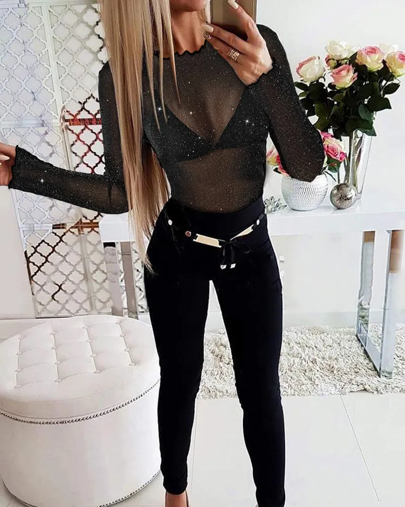 Seductive Sheer Lace Long-Sleeve Bodysuit with Floral Detailing