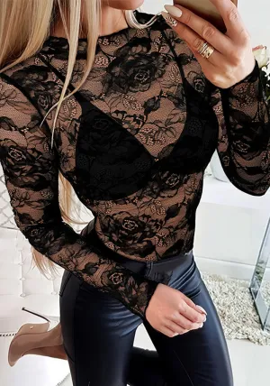 Seductive Sheer Lace Long-Sleeve Bodysuit with Floral Detailing