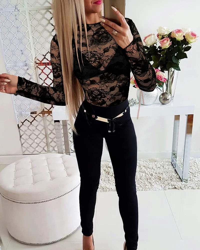 Seductive Sheer Lace Long-Sleeve Bodysuit with Floral Detailing