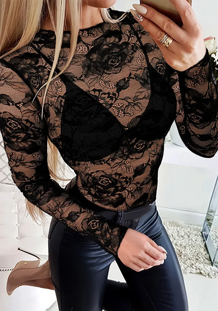 Seductive Sheer Lace Long-Sleeve Bodysuit with Floral Detailing
