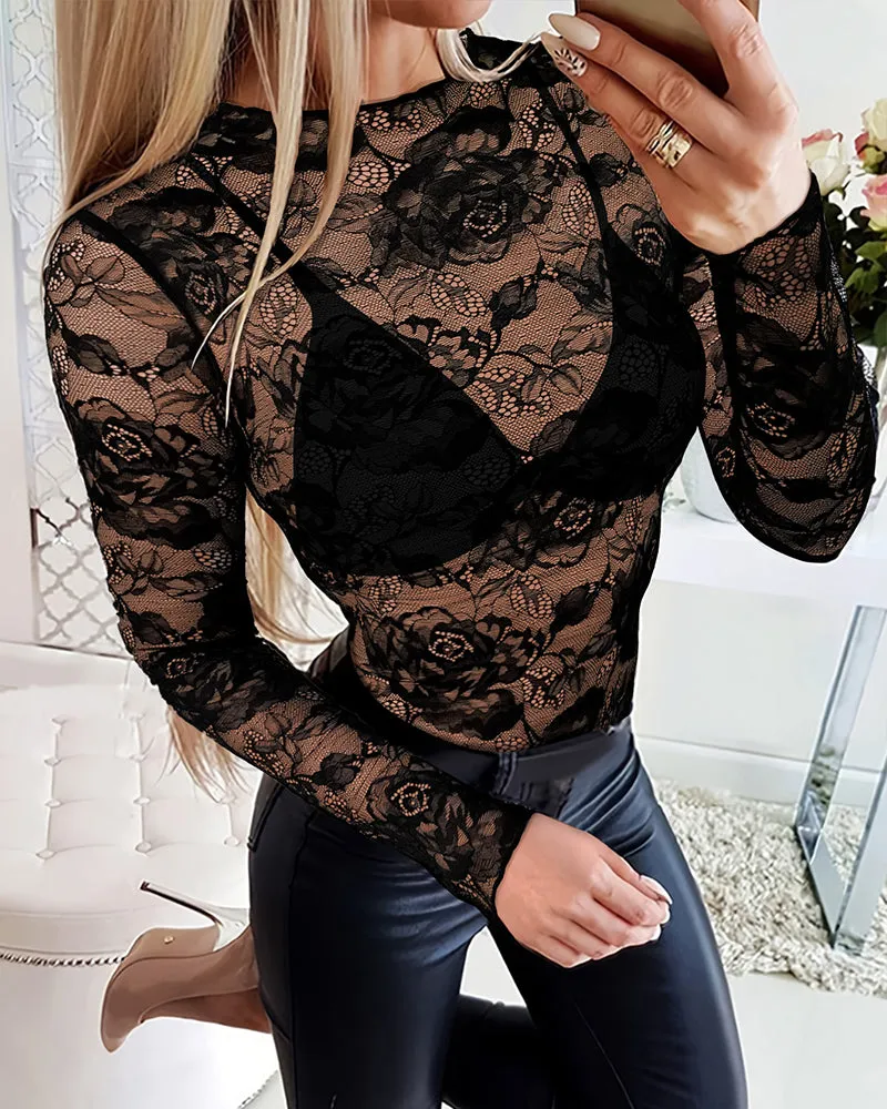Seductive Sheer Lace Long-Sleeve Bodysuit with Floral Detailing