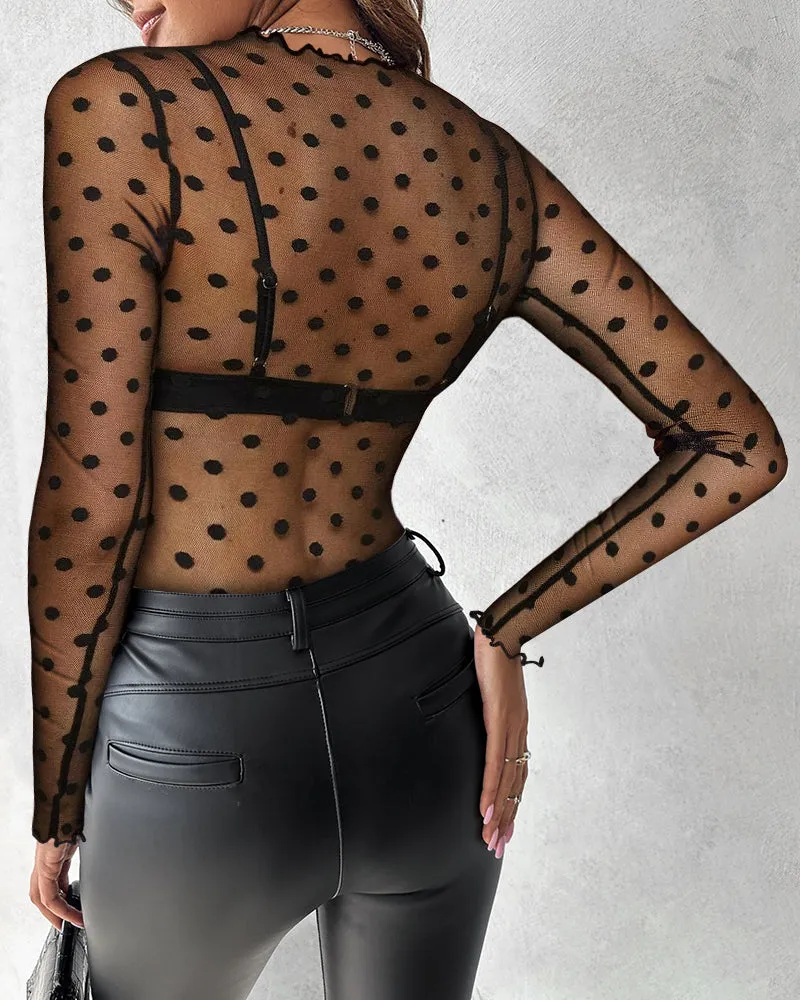 Seductive Sheer Lace Long-Sleeve Bodysuit with Floral Detailing