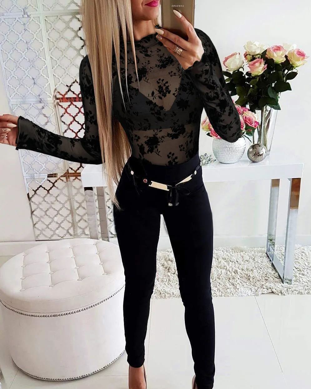 Seductive Sheer Lace Long-Sleeve Bodysuit with Floral Detailing