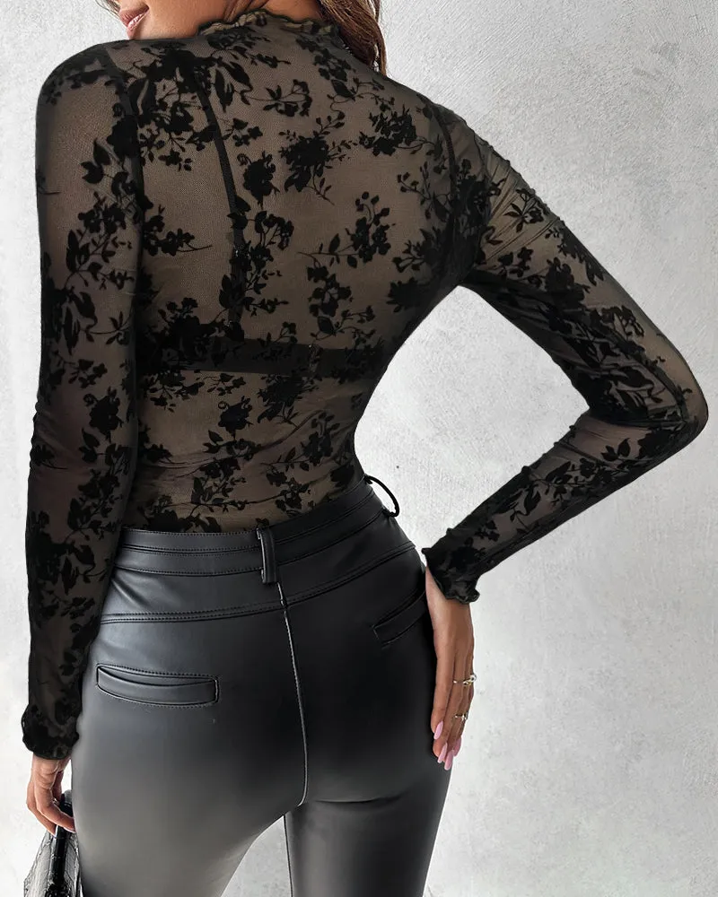 Seductive Sheer Lace Long-Sleeve Bodysuit with Floral Detailing