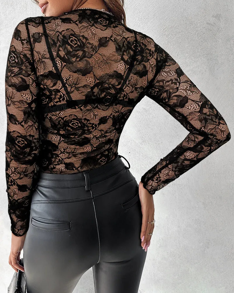 Seductive Sheer Lace Long-Sleeve Bodysuit with Floral Detailing