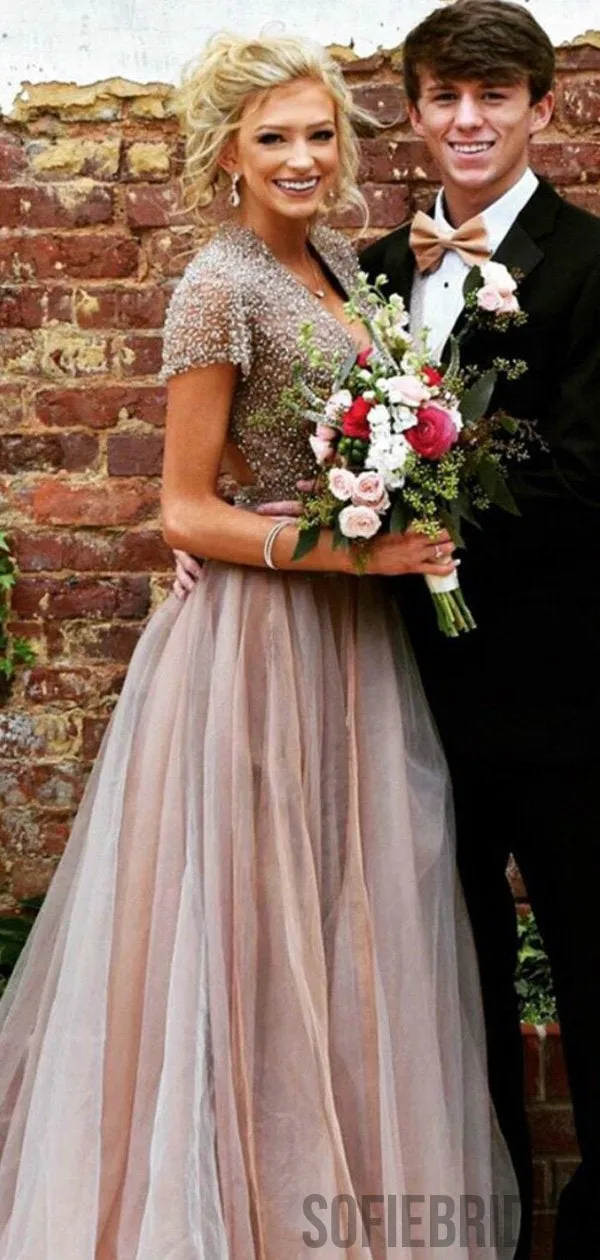 Short Sleeves Beaded Long A-line Prom Dresses, Cheap Prom Dresses, PD0754