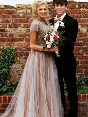 Short Sleeves Beaded Long A-line Prom Dresses, Cheap Prom Dresses, PD0754