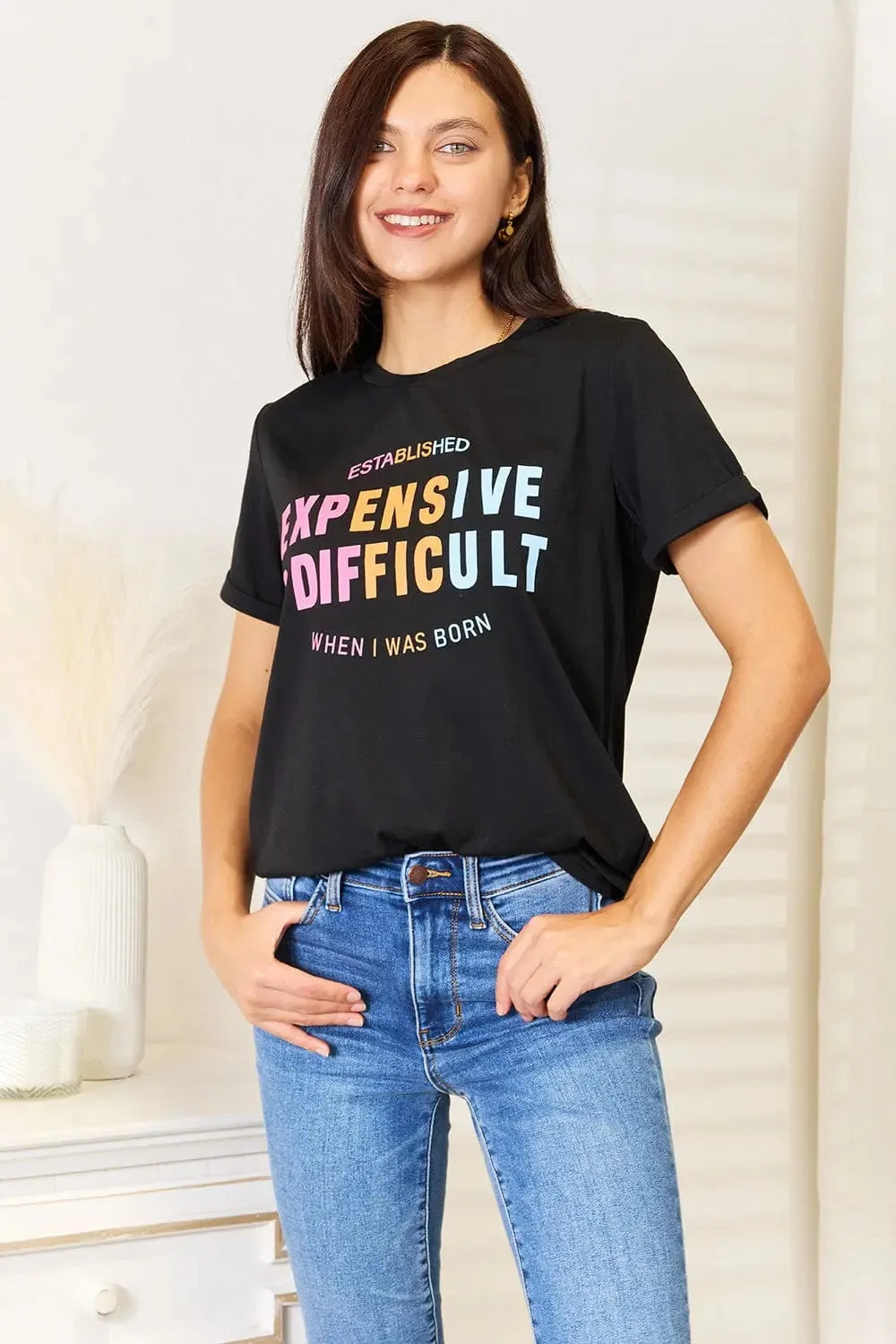 Simply Love Slogan Graphic Cuffed Sleeve T-Shirt