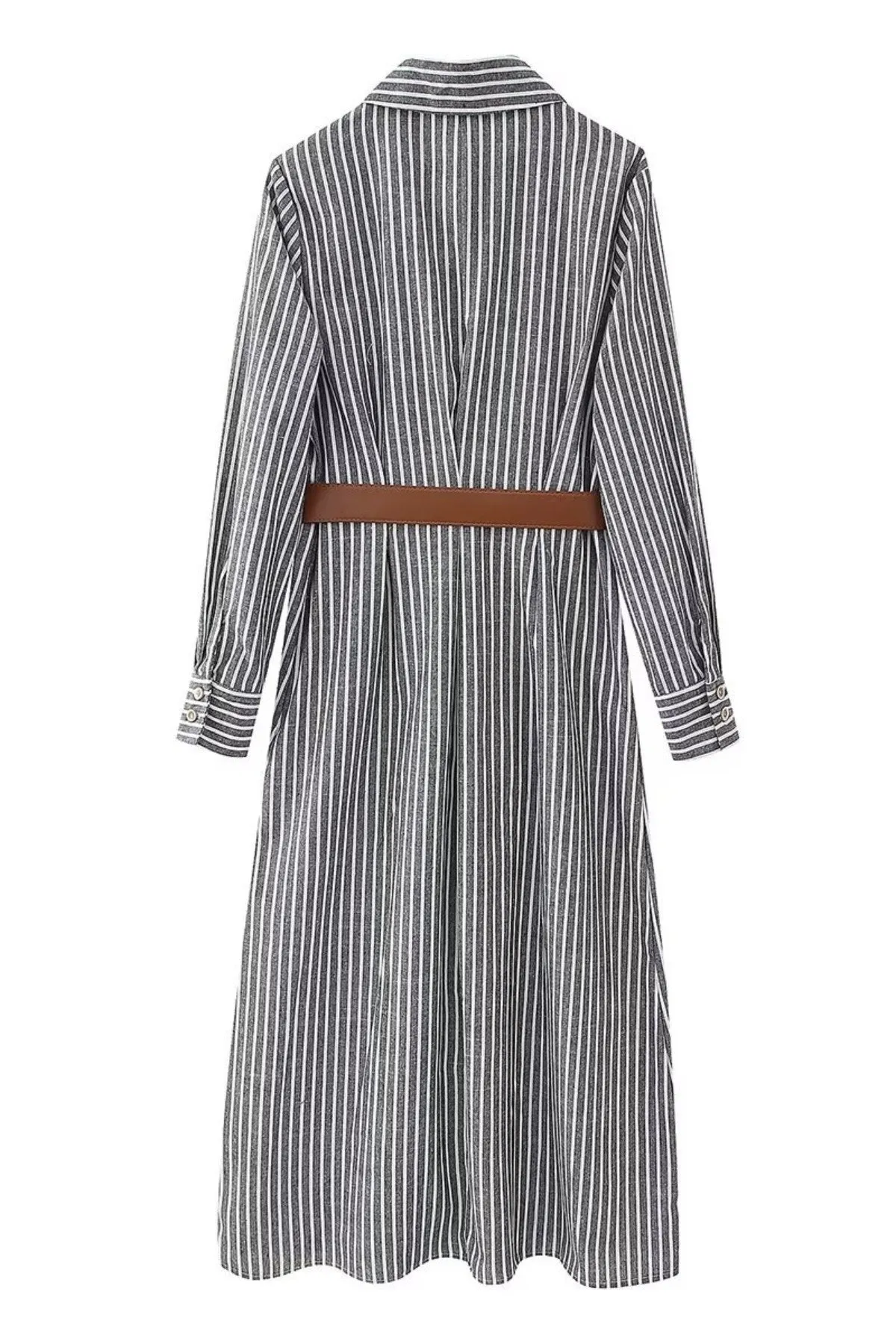 SKYLAR Striped Button-Down Dress W/ Belt (Deep Gray)
