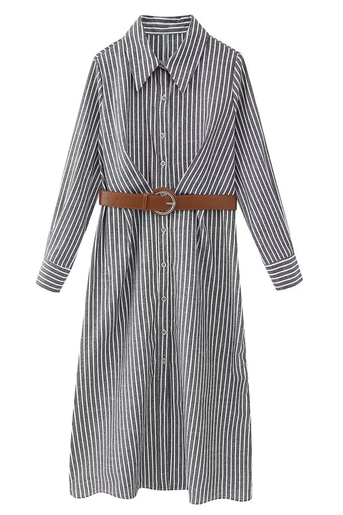 SKYLAR Striped Button-Down Dress W/ Belt (Deep Gray)
