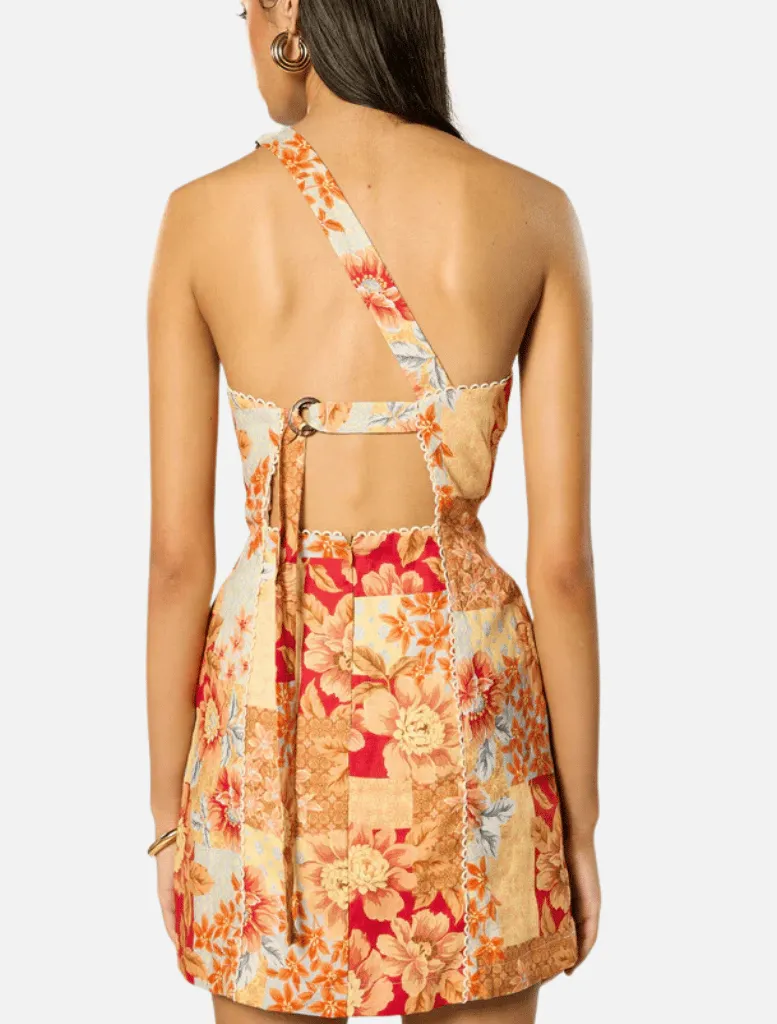Solene Asymmetrical Short Dress - Orange Floral