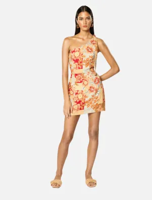 Solene Asymmetrical Short Dress - Orange Floral
