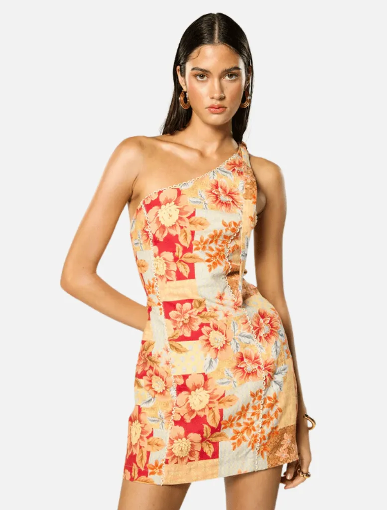 Solene Asymmetrical Short Dress - Orange Floral