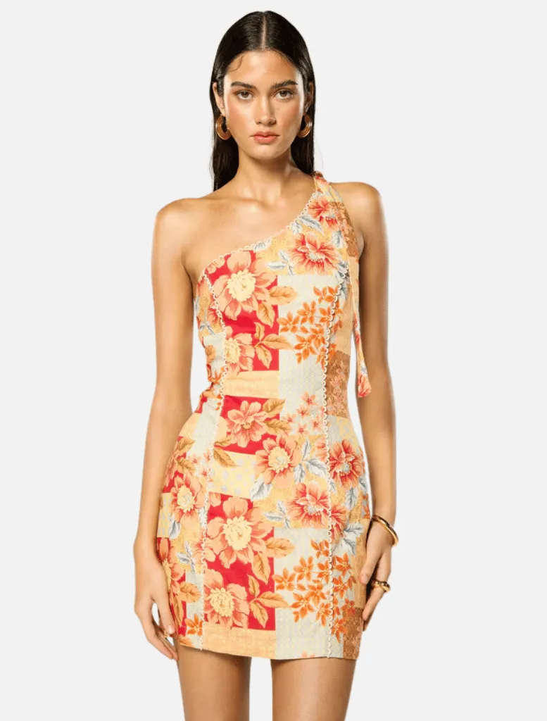 Solene Asymmetrical Short Dress - Orange Floral