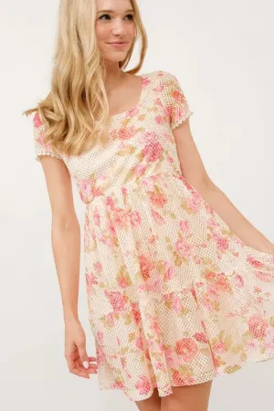 Square Neck Tiered Floral Fishnet Dress - Multicolor Romantic Summer Style