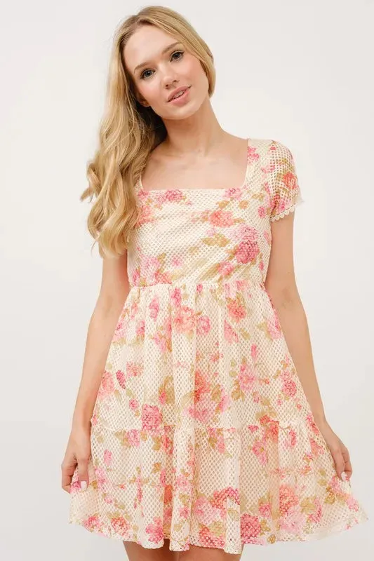 Square Neck Tiered Floral Fishnet Dress - Multicolor Romantic Summer Style