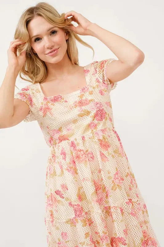 Square Neck Tiered Floral Fishnet Dress - Multicolor Romantic Summer Style