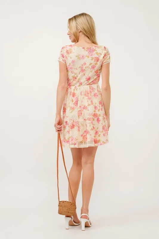 Square Neck Tiered Floral Fishnet Dress - Multicolor Romantic Summer Style