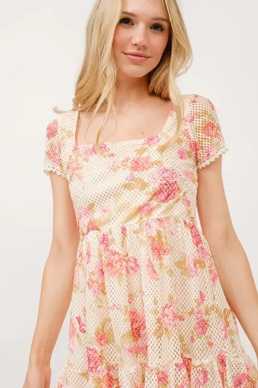 Square Neck Tiered Floral Fishnet Dress - Multicolor Romantic Summer Style