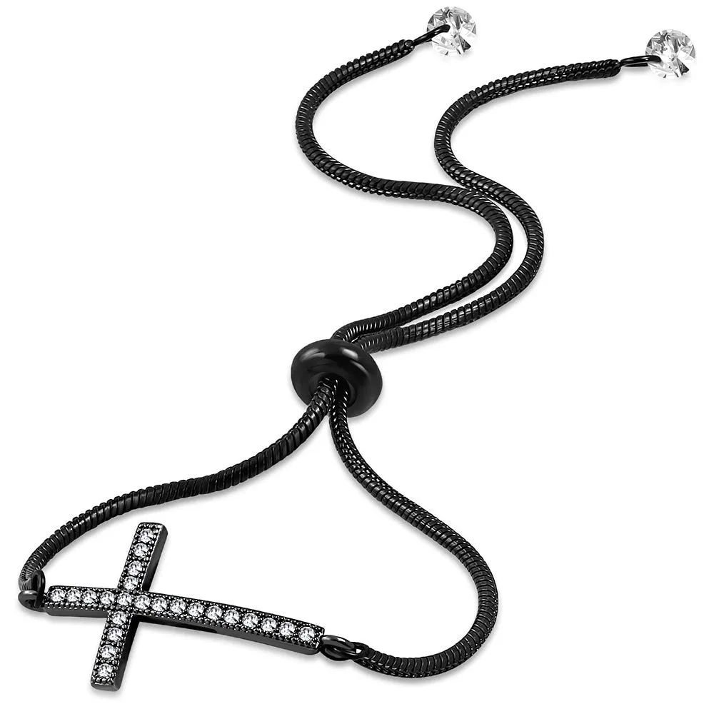 Stainless Steel Clear CZ Religious Cross Adjustable Snake Chain Bracelet, 9"
