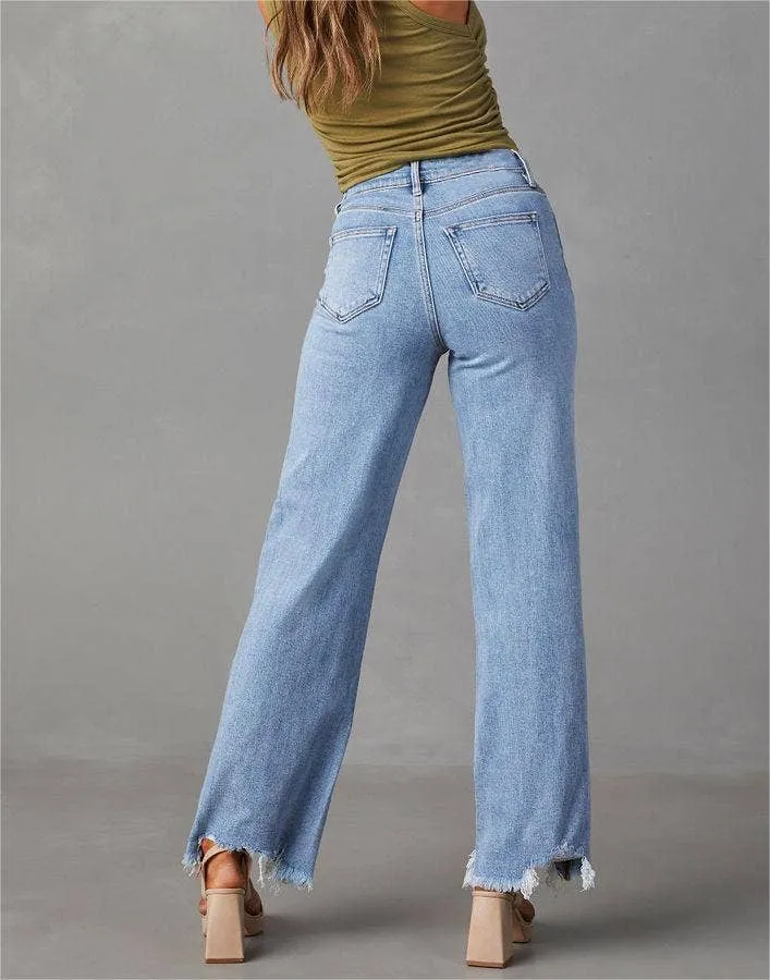 Straight Leg Distressed Hem Jeans