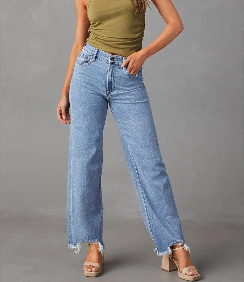 Straight Leg Distressed Hem Jeans