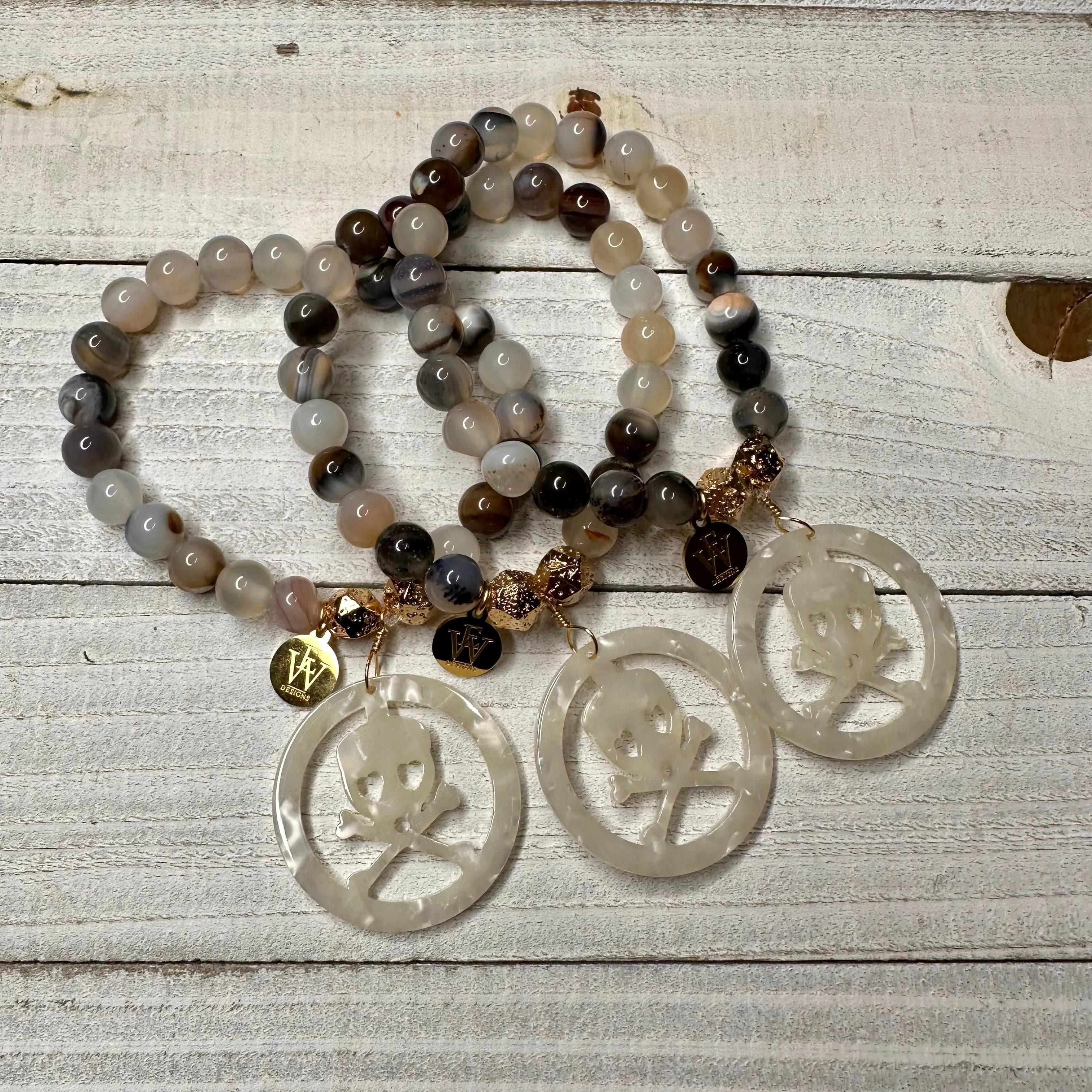 Stretchy 6mm Agate Beads Bracelet with an acetate crossed bones and skull charm 410-12 | Erika Williner Designs