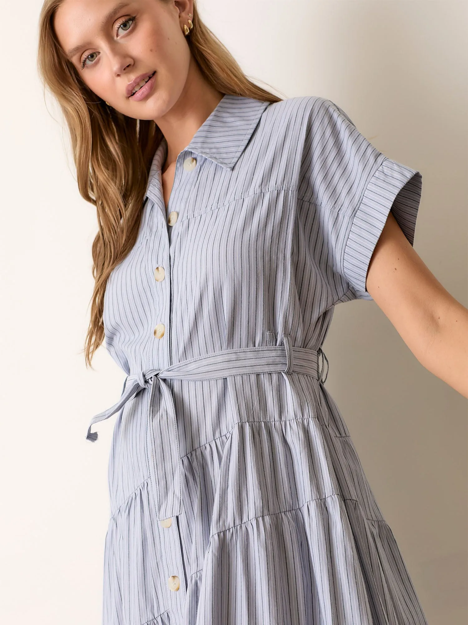 Stripe Tie Waist Shirt Maxi Dress