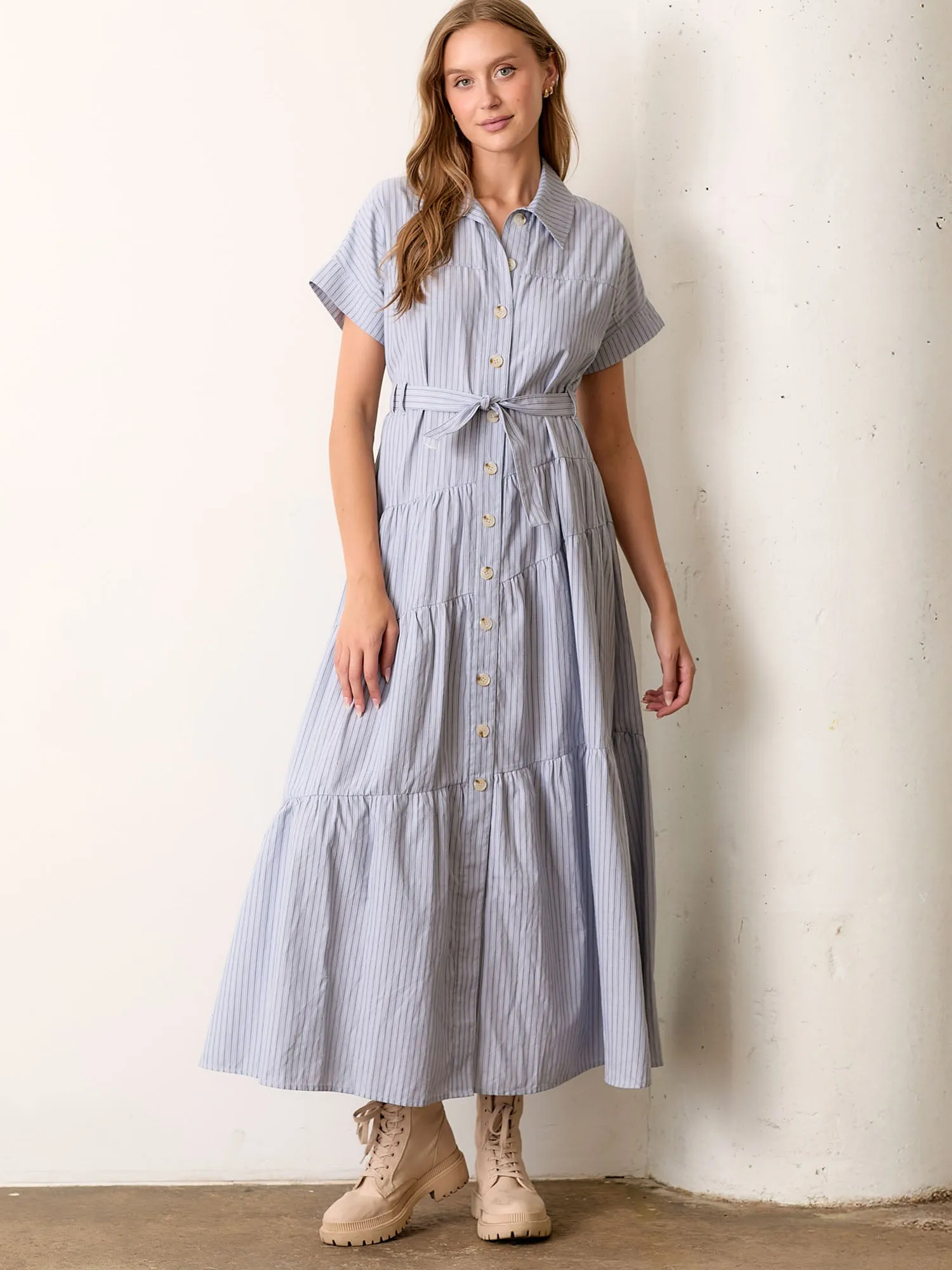 Stripe Tie Waist Shirt Maxi Dress