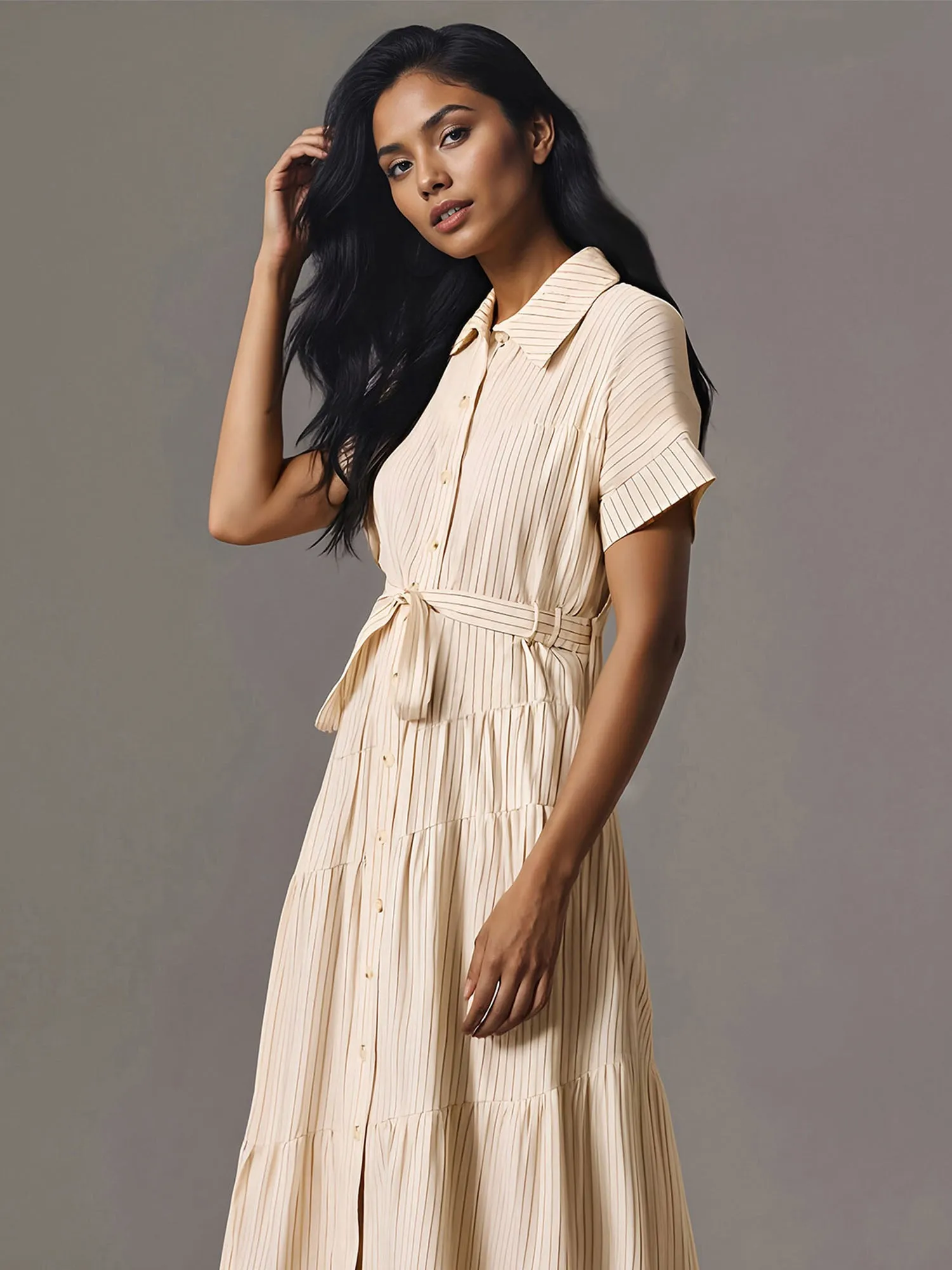 Stripe Tie Waist Shirt Maxi Dress