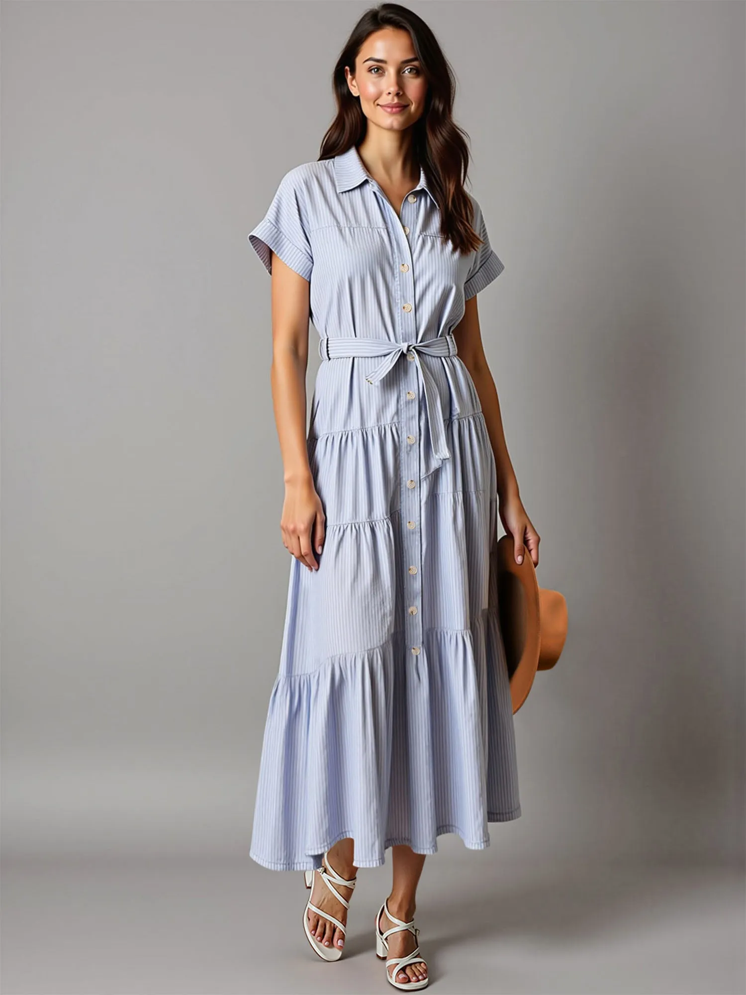 Stripe Tie Waist Shirt Maxi Dress