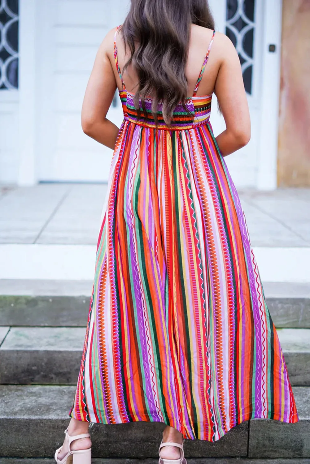 Striped Smocked Boho Maxi Dress with Thin Straps