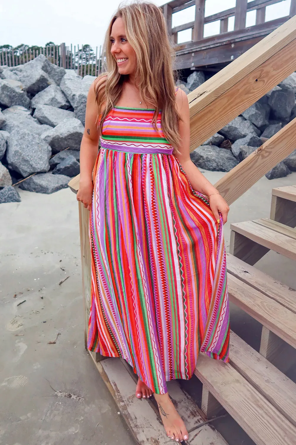 Striped Smocked Boho Maxi Dress with Thin Straps