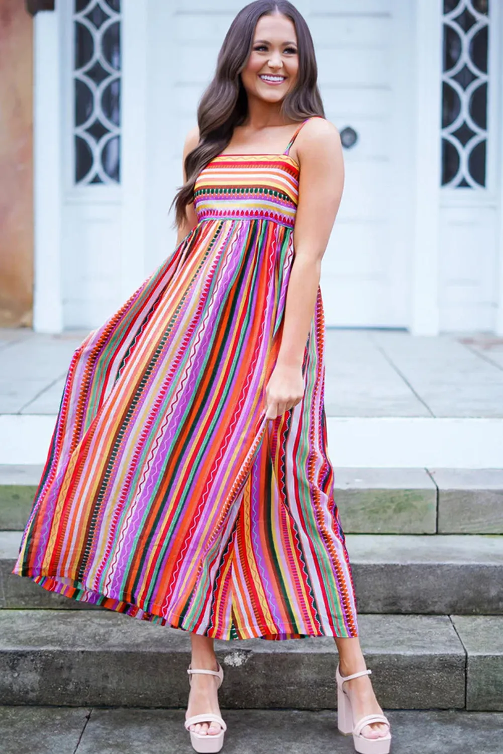 Striped Smocked Boho Maxi Dress with Thin Straps