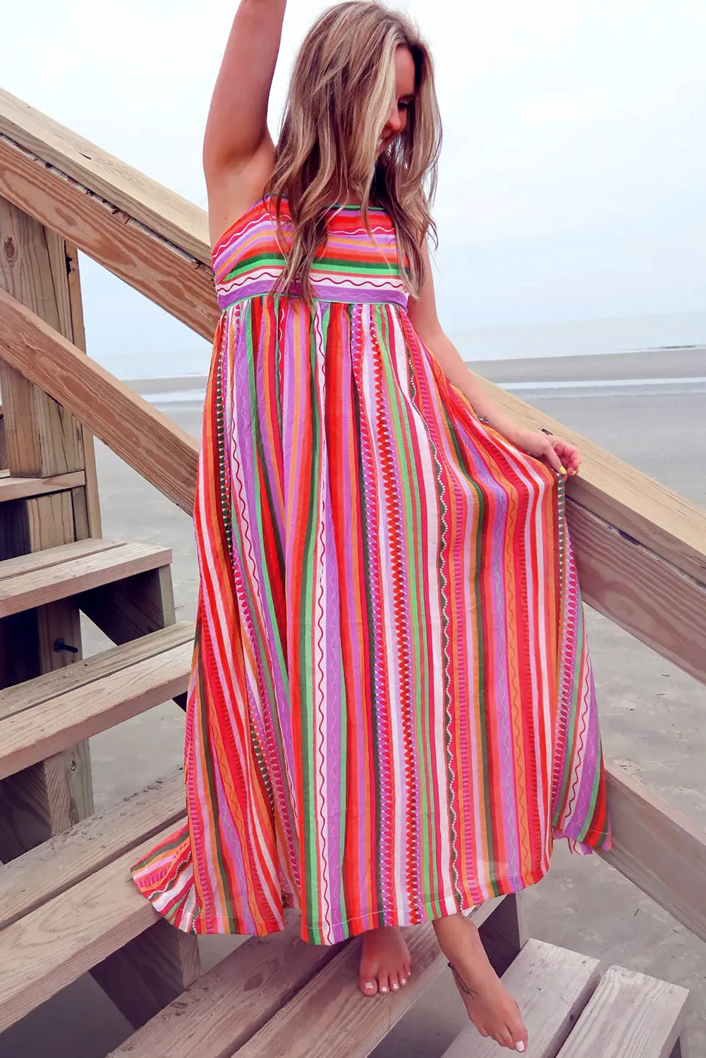 Striped Smocked Boho Maxi Dress with Thin Straps