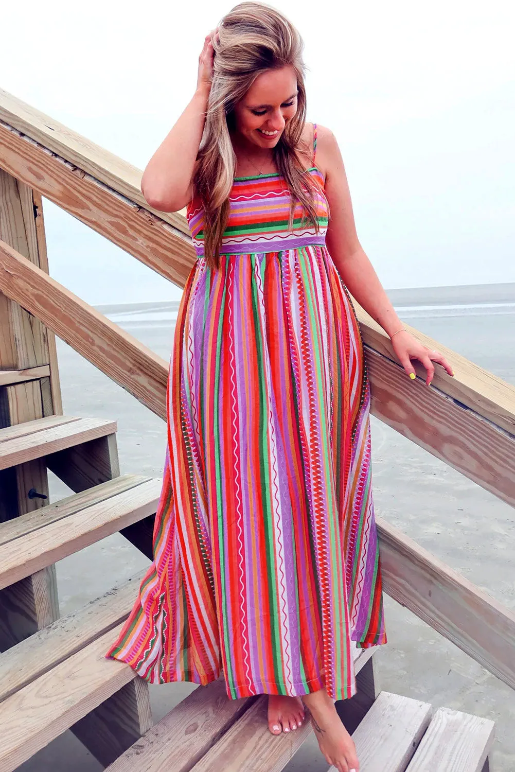 Striped Smocked Boho Maxi Dress with Thin Straps