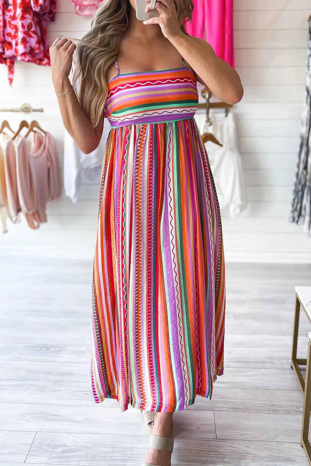 Striped Smocked Boho Maxi Dress with Thin Straps