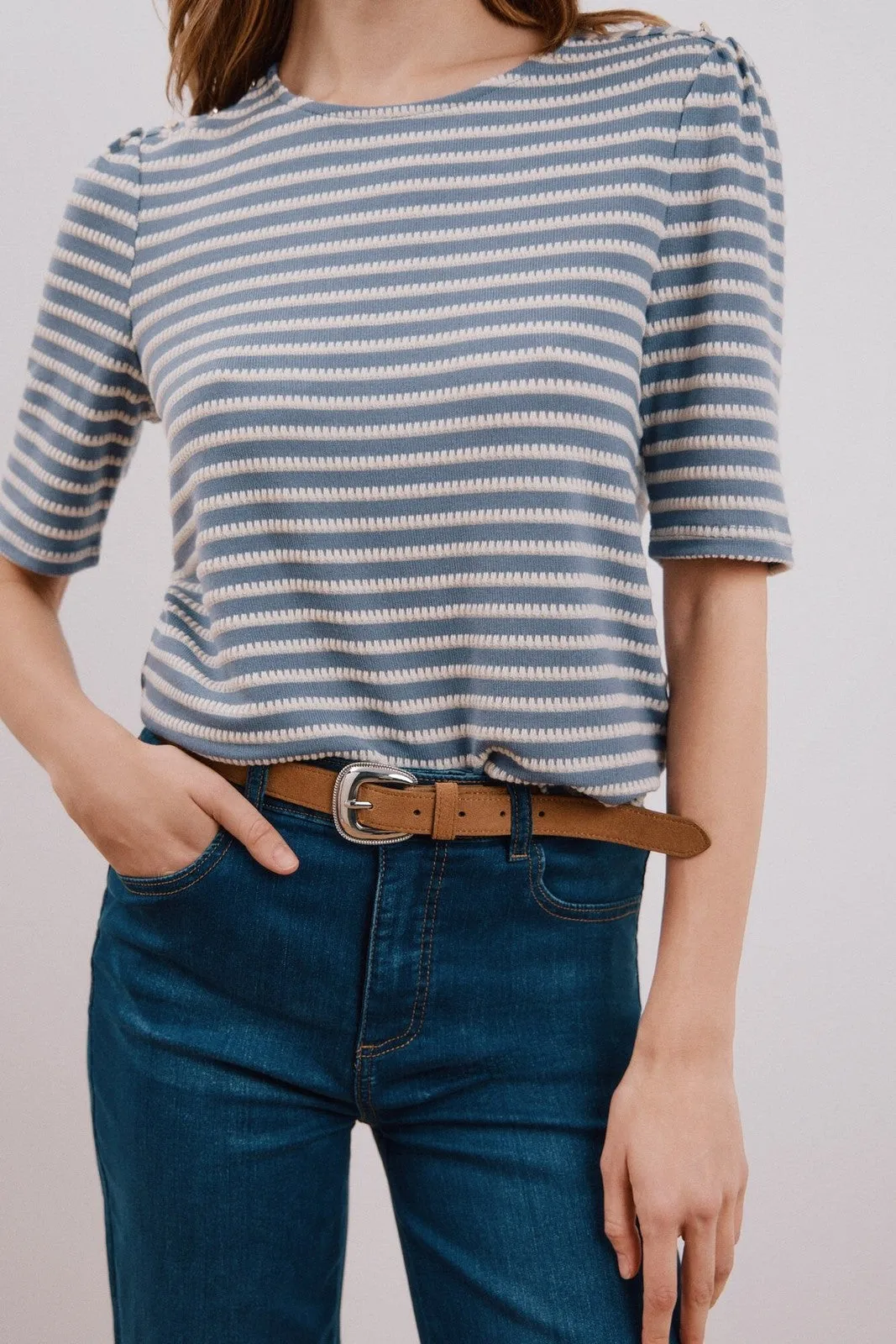 Striped structured t-shirt - Medium Blue