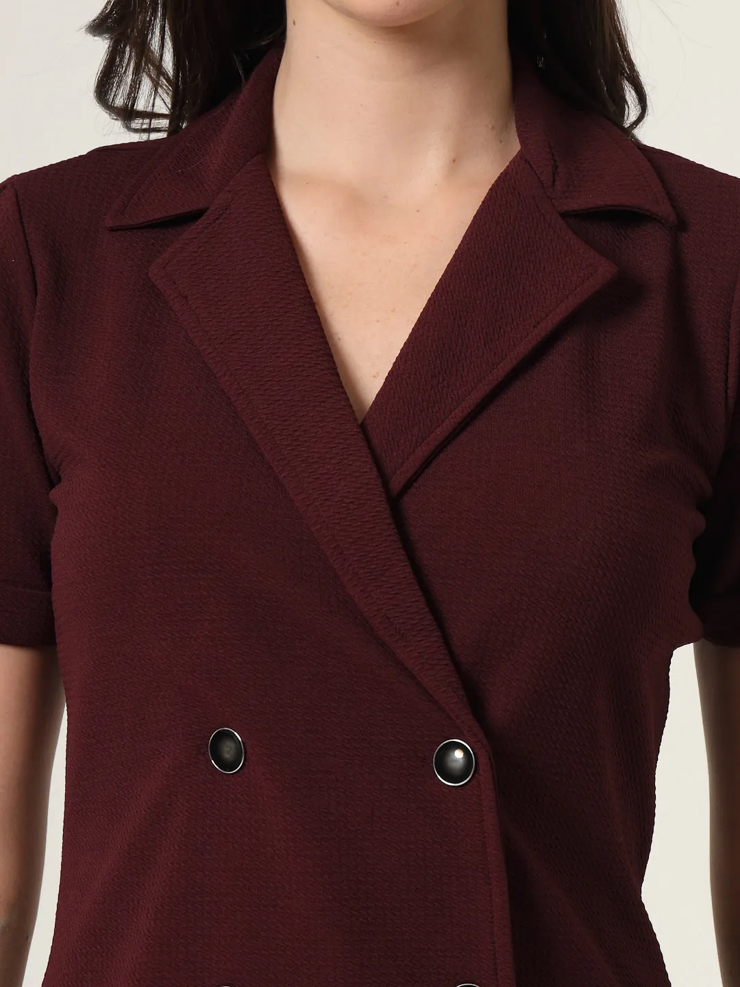 Style Quotient Women Solid Maroon Texture Polyester Regular Fit Semi Formal Blazer Dress