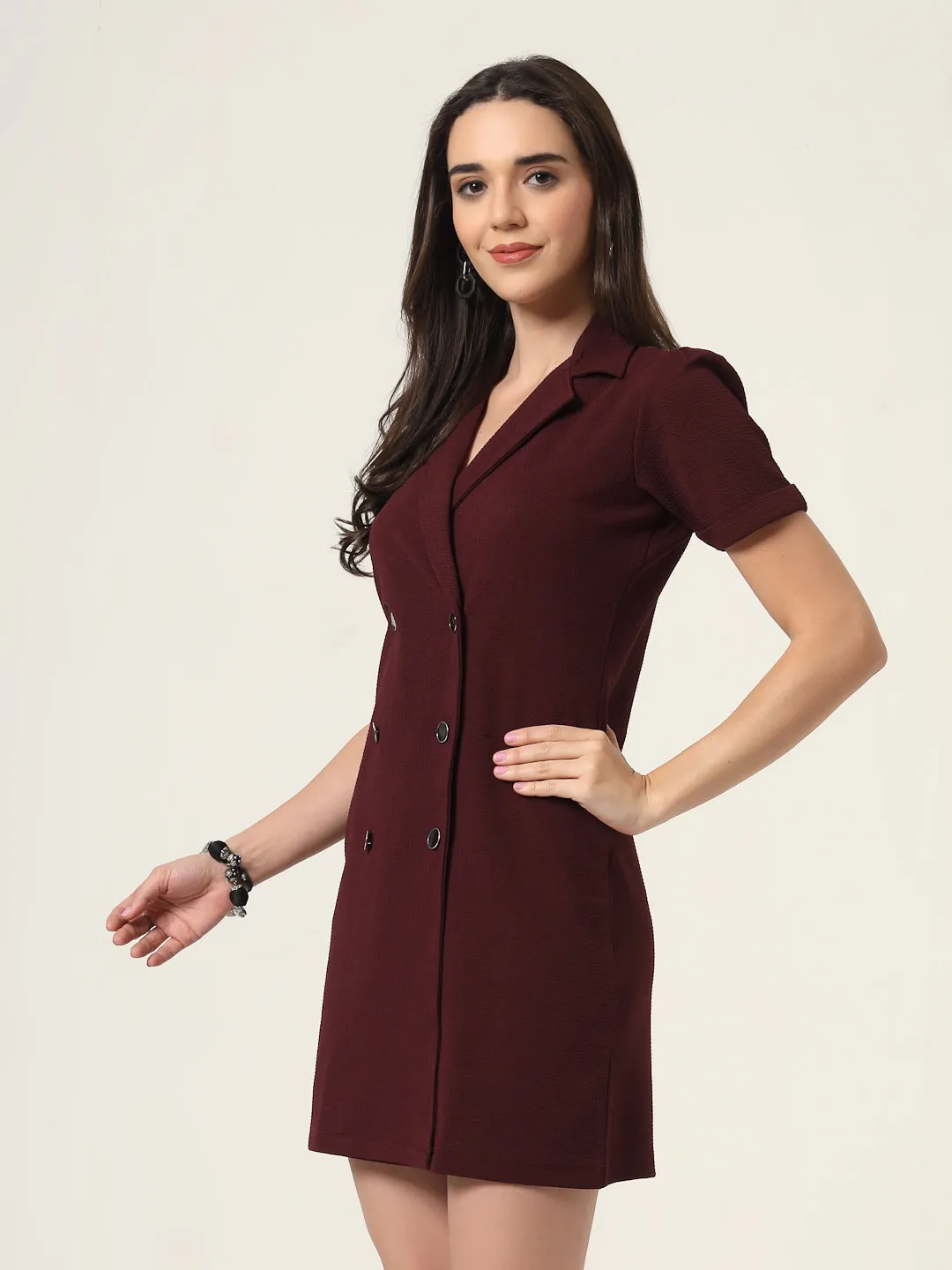 Style Quotient Women Solid Maroon Texture Polyester Regular Fit Semi Formal Blazer Dress