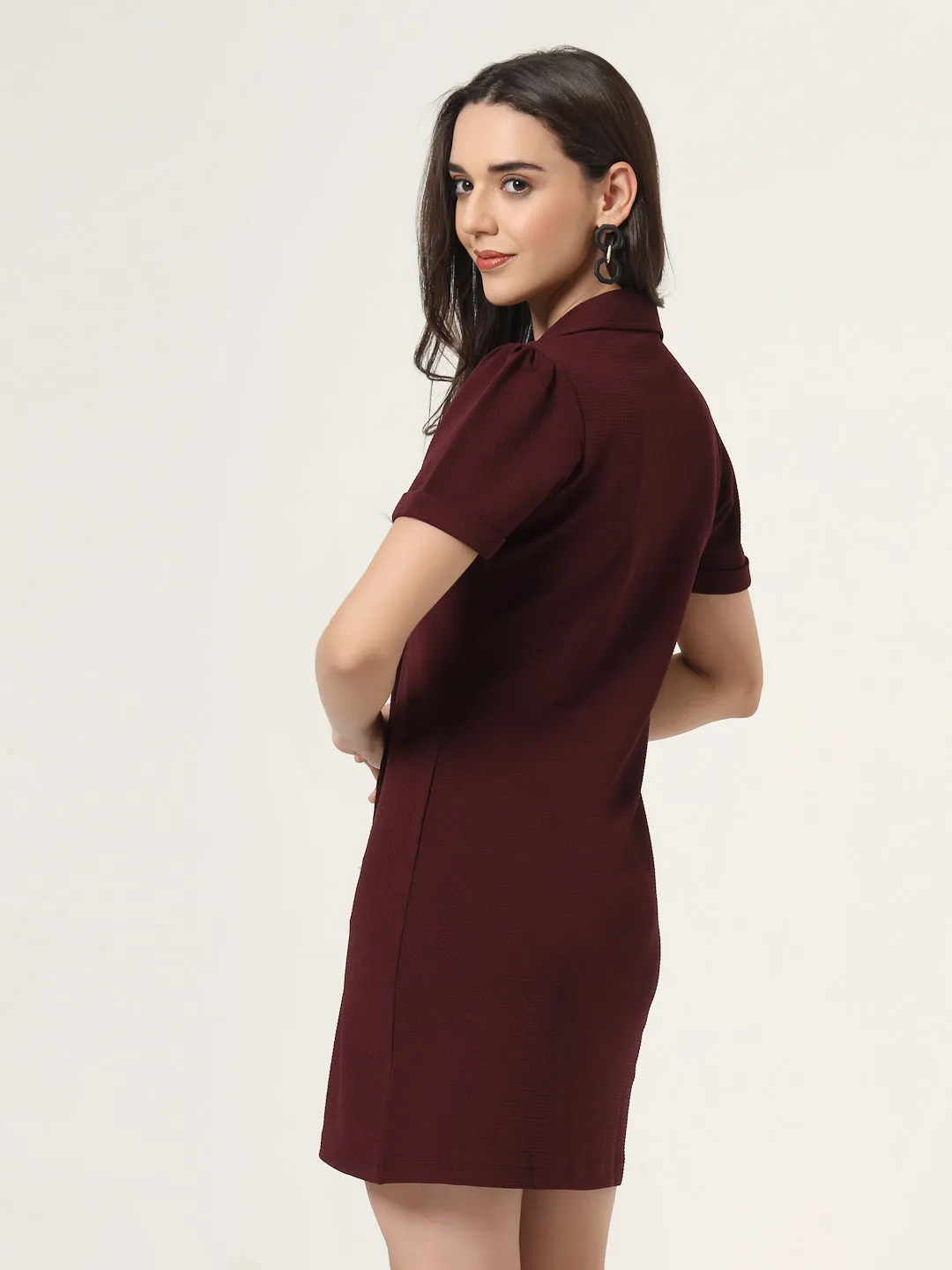 Style Quotient Women Solid Maroon Texture Polyester Regular Fit Semi Formal Blazer Dress