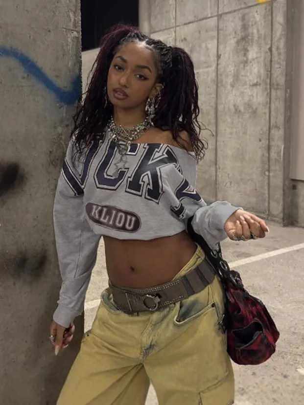 Stylish Casual Slash Shoulder Crop Long Sleeve T-Shirt with Bold Lettering and Statement Design