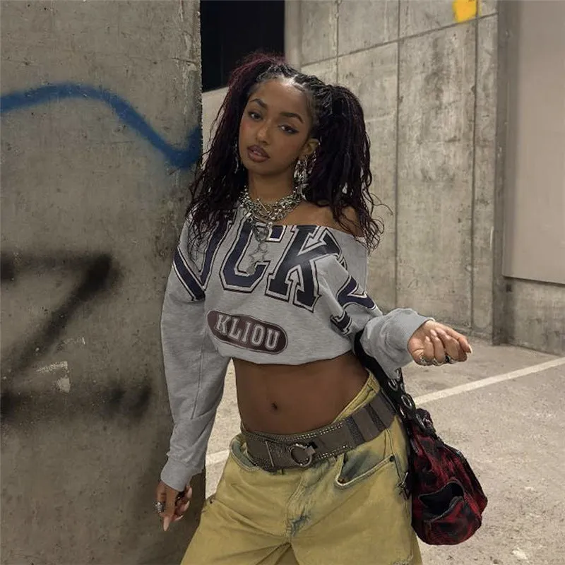 Stylish Casual Slash Shoulder Crop Long Sleeve T-Shirt with Bold Lettering and Statement Design
