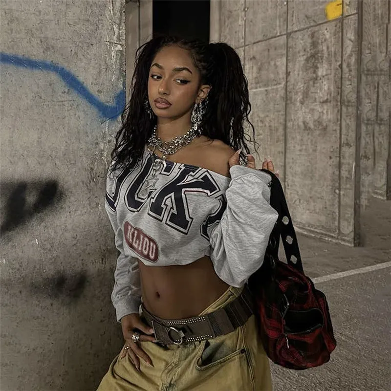 Stylish Casual Slash Shoulder Crop Long Sleeve T-Shirt with Bold Lettering and Statement Design