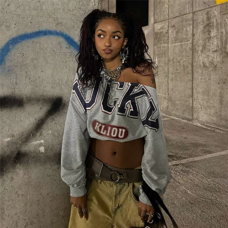 Stylish Casual Slash Shoulder Crop Long Sleeve T-Shirt with Bold Lettering and Statement Design