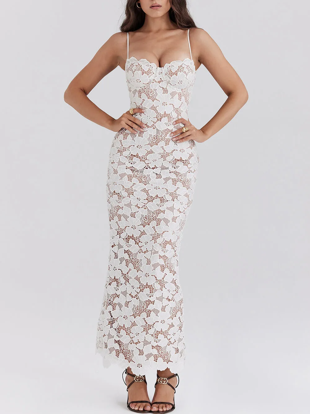 Stylish Sexy Lace Charming Halter See-Through Midi Dress