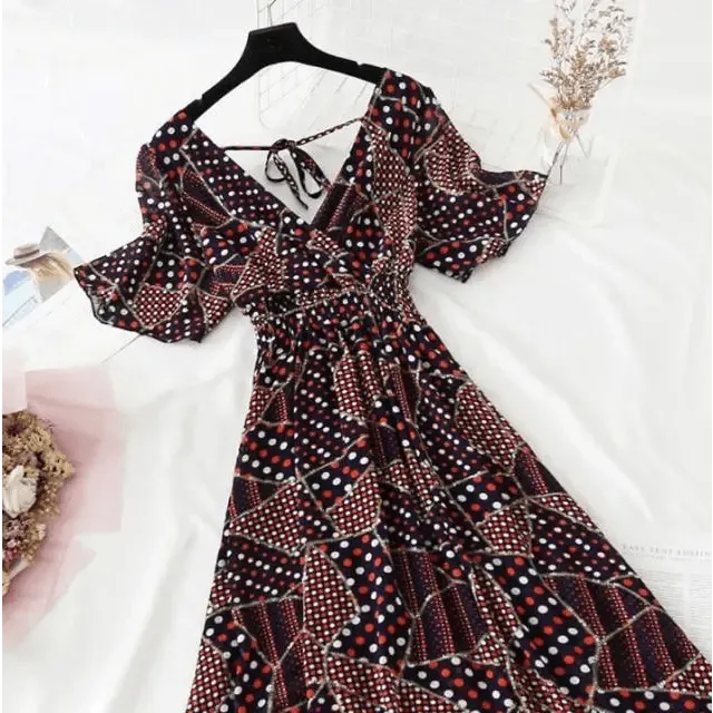 Summer Women Ruffled Short-sleeved Chiffon Dress V-neck High Waist Floral Print Beach Midi Dresses For Women