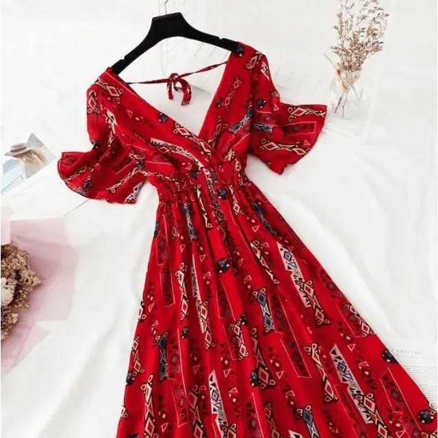 Summer Women Ruffled Short-sleeved Chiffon Dress V-neck High Waist Floral Print Beach Midi Dresses For Women