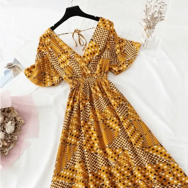 Summer Women Ruffled Short-sleeved Chiffon Dress V-neck High Waist Floral Print Beach Midi Dresses For Women
