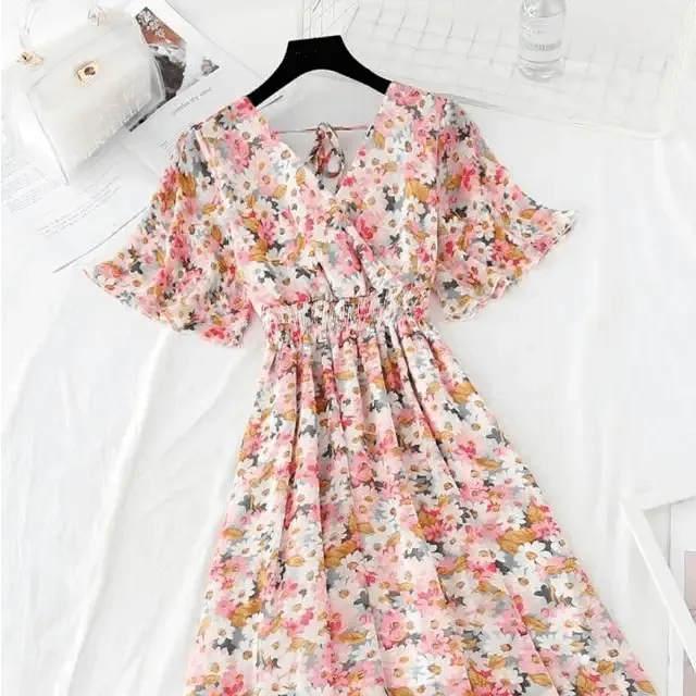 Summer Women Ruffled Short-sleeved Chiffon Dress V-neck High Waist Floral Print Beach Midi Dresses For Women